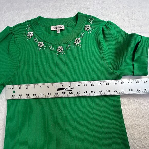 Nanette Lepore Womens Ribbed Embellished Sweater Size Large Green Short Sleeve - Picture 6 of 8